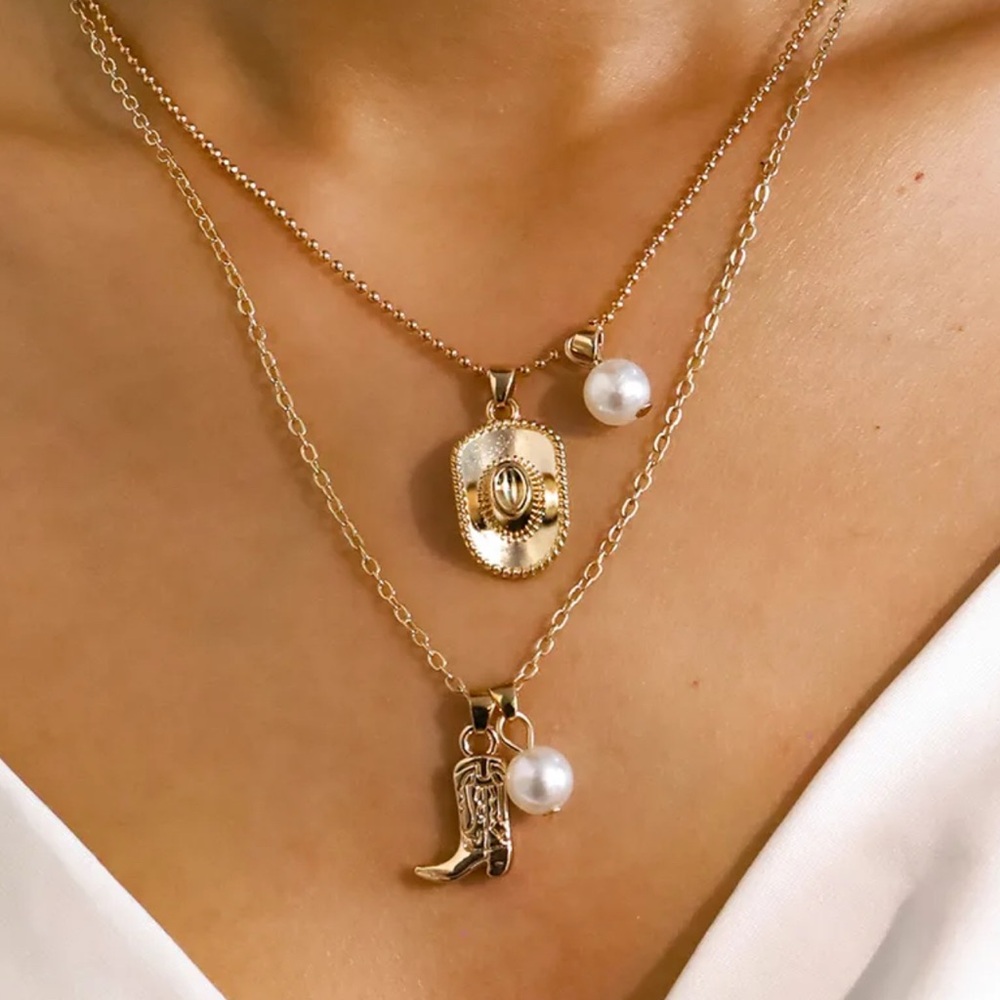 Cowboy Boots Gold Layered Necklace with Pearl Accents Cowgirl Necklace